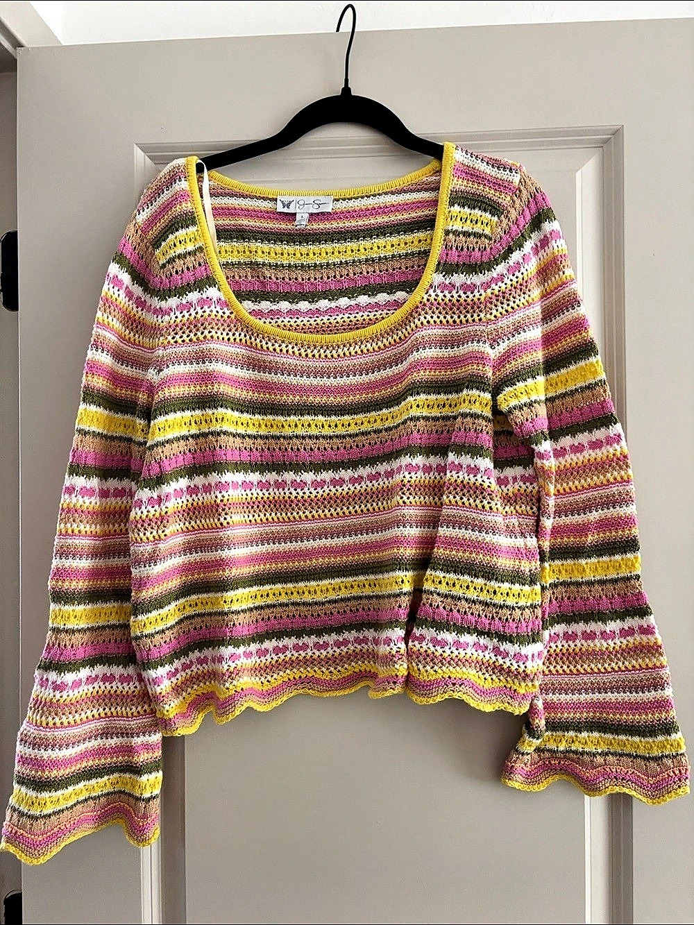 Jessica Simpson Lilianna Pointelle Sweater Pink & Yellow Large